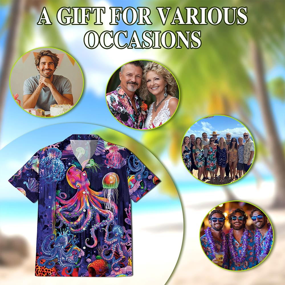 Netecom Neon Octopus Hawaiian Shirt for Men, Animal Lover Gifts, Colorful Octopus Button Down Summer Beach Shirts, S-5XL