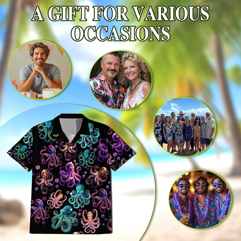 Netecom Neon Octopus Hawaiian Shirt for Men, Vintage Style, Button Down Summer Beach Short Sleeve, S-5XL