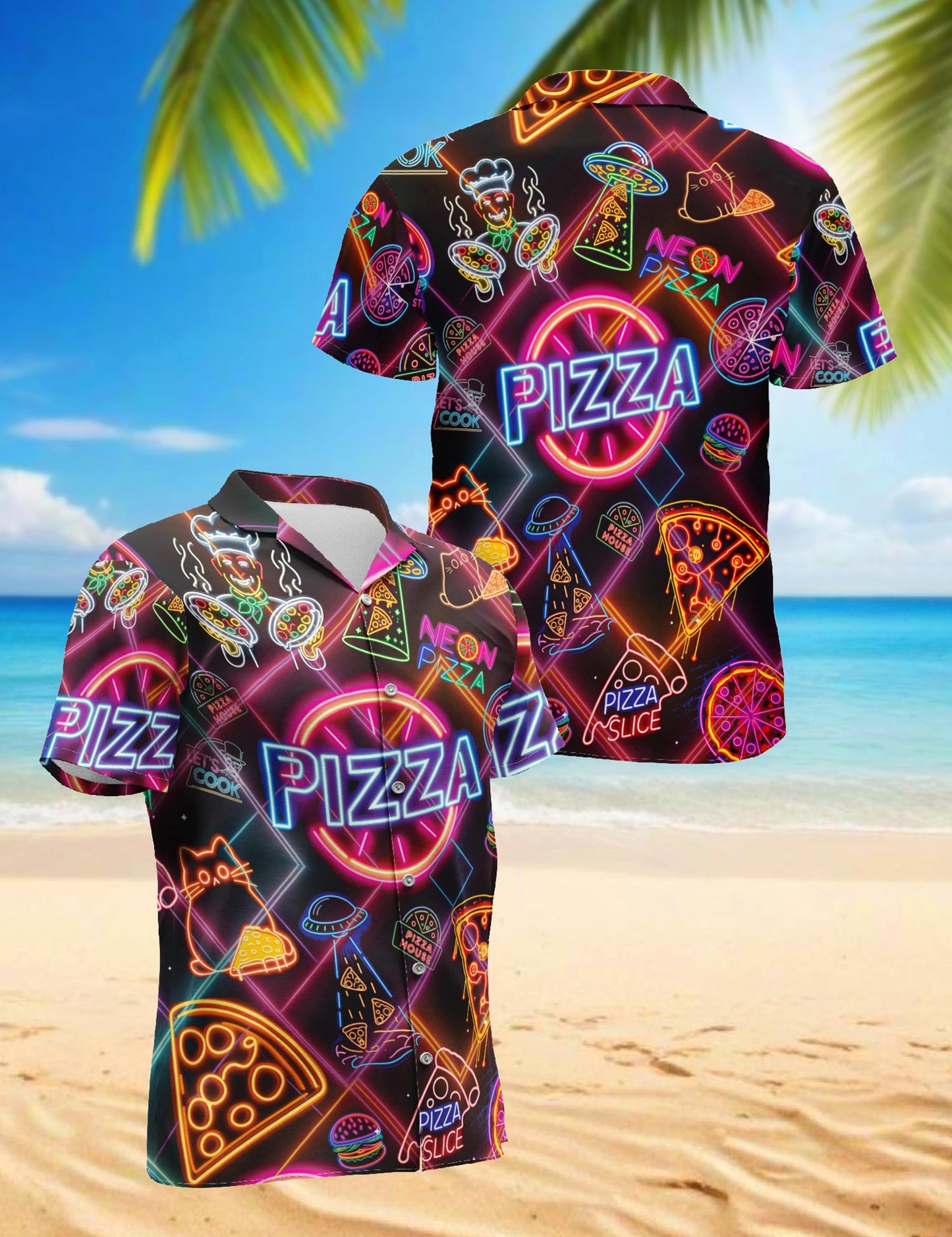 Netecom Neon Pizza Hawaiian Shirt for Men, Retro Foodie Style, Button Down Summer Beach Short Sleeve, S-5XL