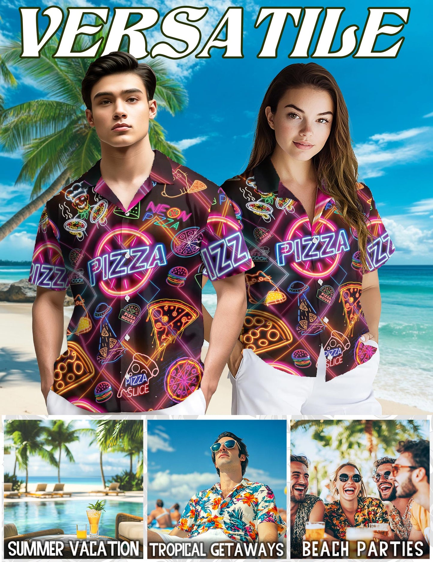 Netecom Neon Pizza Hawaiian Shirt for Men, Retro Foodie Style, Button Down Summer Beach Short Sleeve, S-5XL