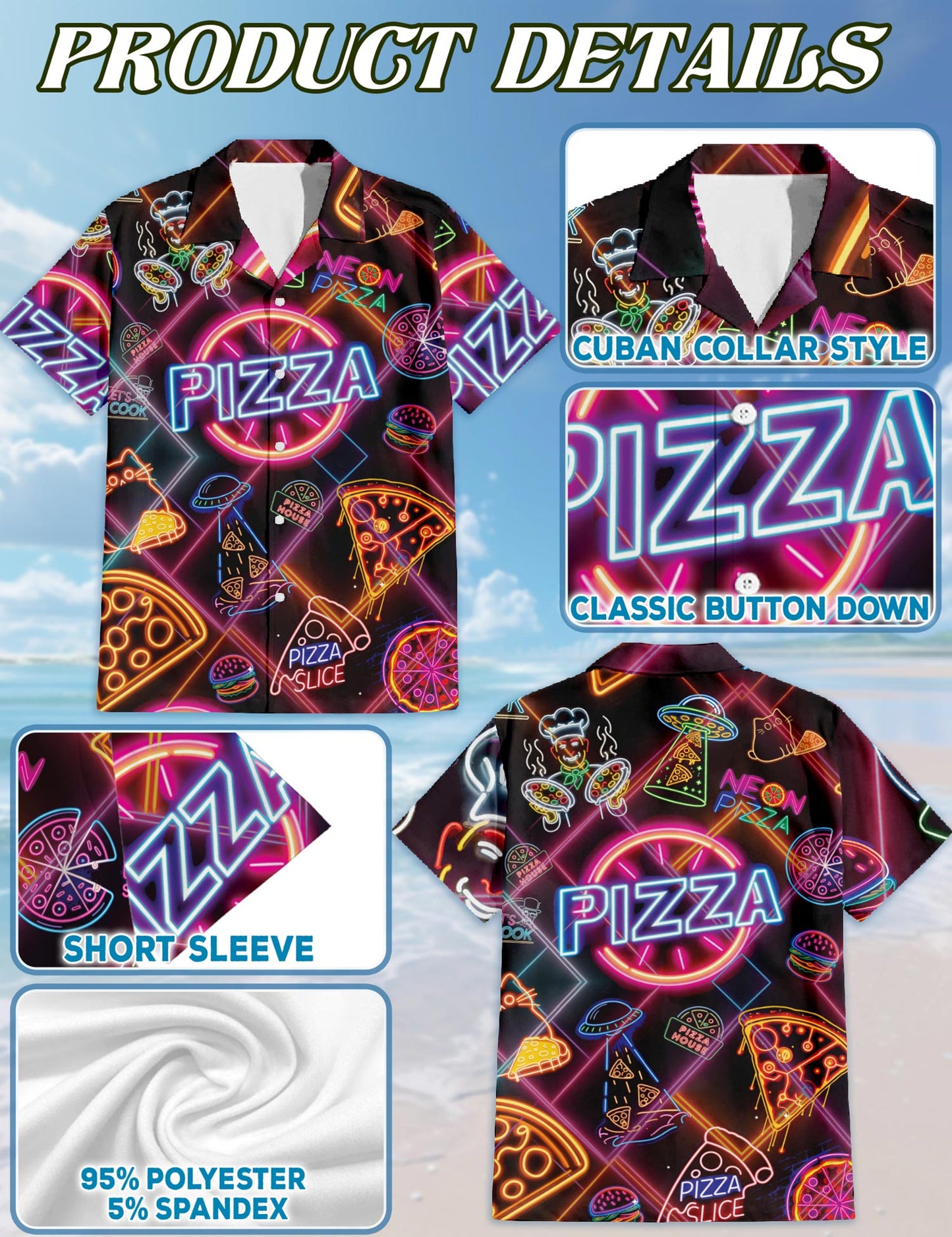 Netecom Neon Pizza Hawaiian Shirt for Men, Retro Foodie Style, Button Down Summer Beach Short Sleeve, S-5XL
