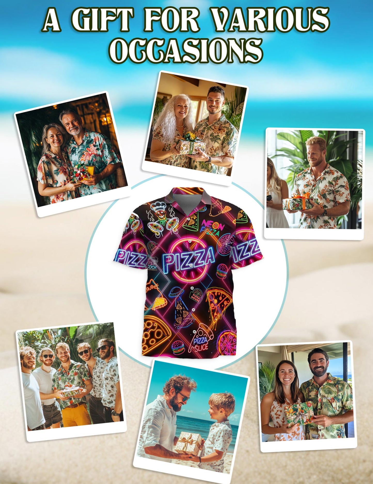 Netecom Neon Pizza Hawaiian Shirt for Men, Retro Foodie Style, Button Down Summer Beach Short Sleeve, S-5XL