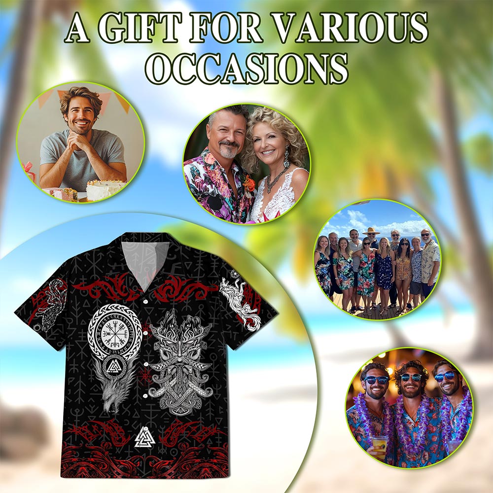 Netecom Norse History Viking Fenrir Hawaiian Shirt for Men, Mythical Warrior Style, Button Down Summer Beach Short Sleeve, S-5XL