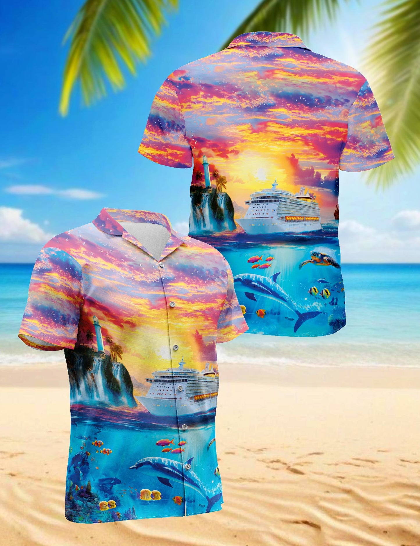 Netecom Ocean Cruise Adventure Hawaiian Shirt for Men, Sunset Sea Life Style, Button Down Summer Beach Short Sleeve, S-5XL
