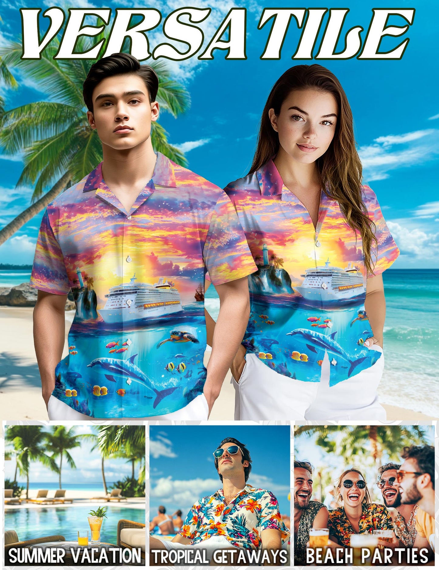 Netecom Ocean Cruise Adventure Hawaiian Shirt for Men, Sunset Sea Life Style, Button Down Summer Beach Short Sleeve, S-5XL