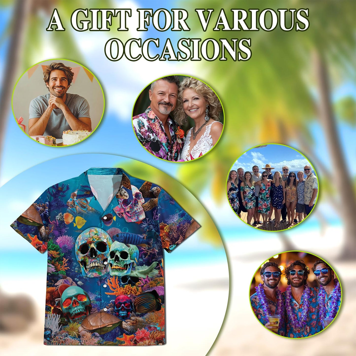 Netecom Ocean Skull Hawaiian Shirt for Men, Ocean Style, Button Down Summer Beach Short Sleeve, S-5XL