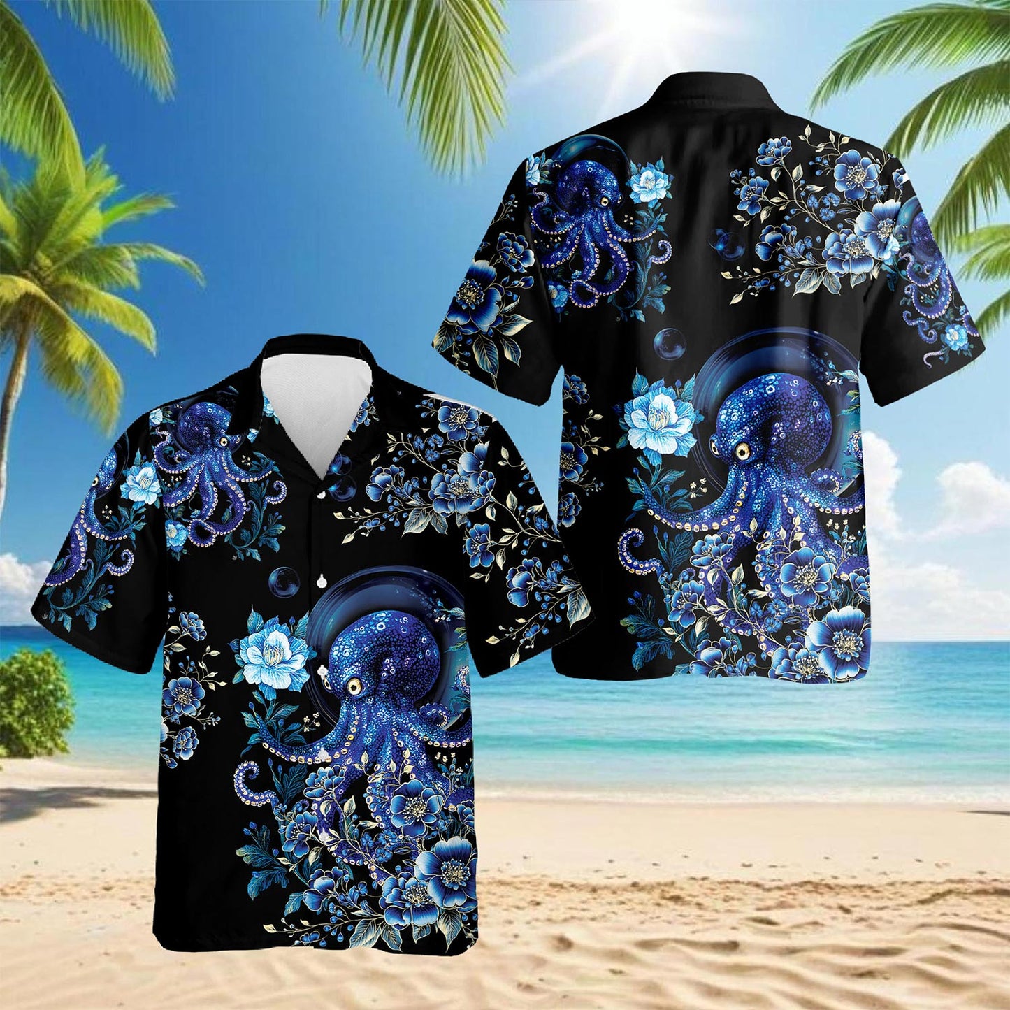 Netecom Octopus Flower Hawaiian Shirt for Men, Button Down Summer Beach Short Sleeve, Sizes S-5XL