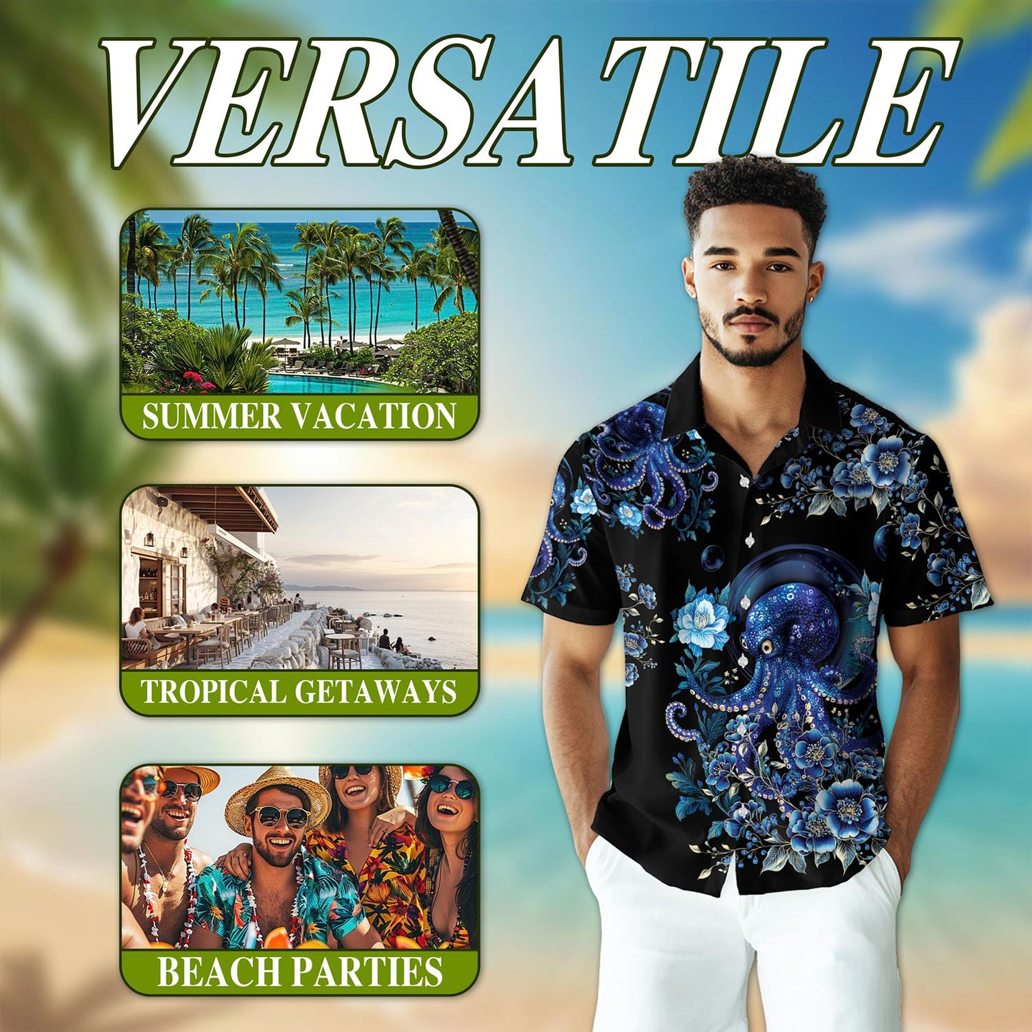 Netecom Octopus Flower Hawaiian Shirt for Men, Button Down Summer Beach Short Sleeve, Sizes S-5XL