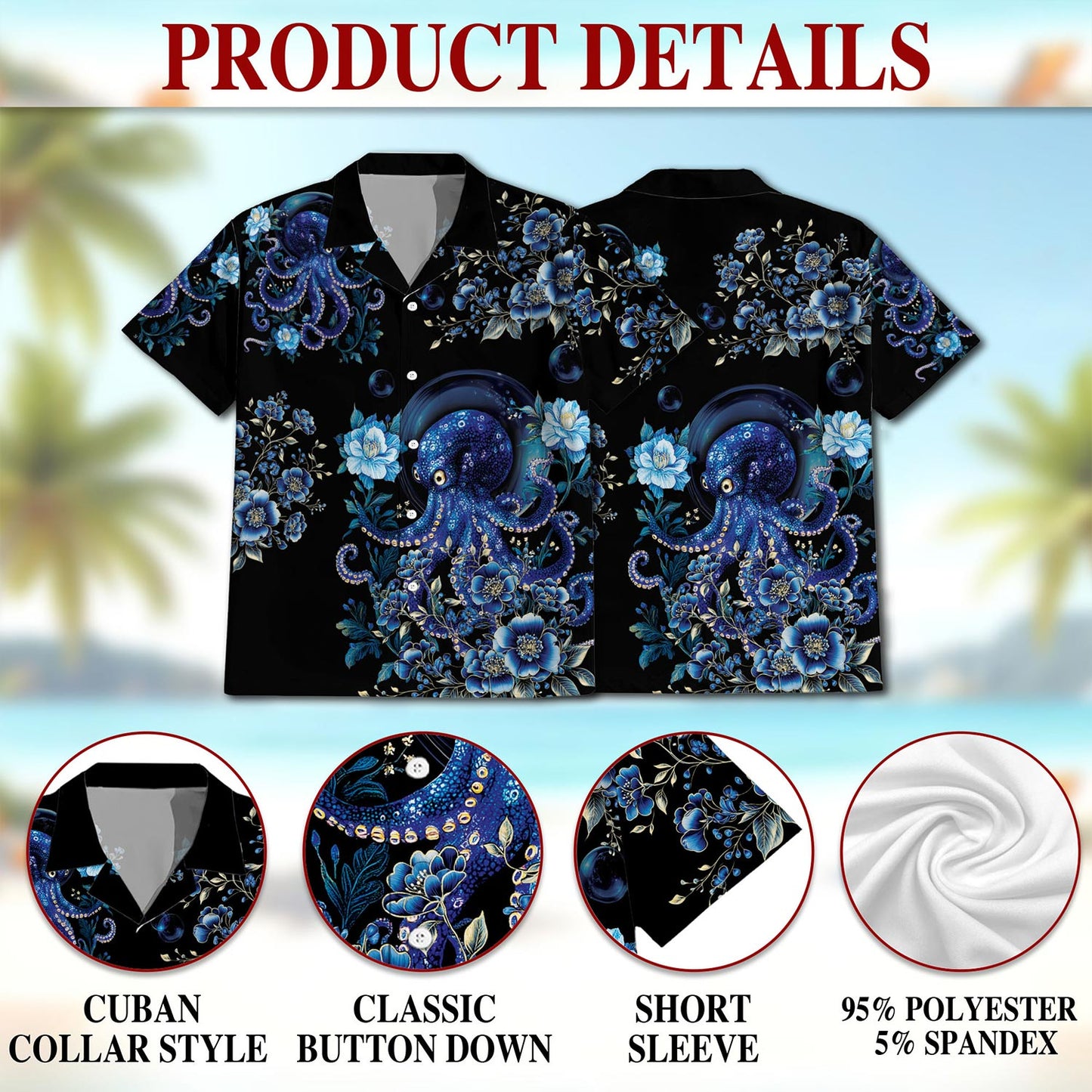 Netecom Octopus Flower Hawaiian Shirt for Men, Button Down Summer Beach Short Sleeve, Sizes S-5XL