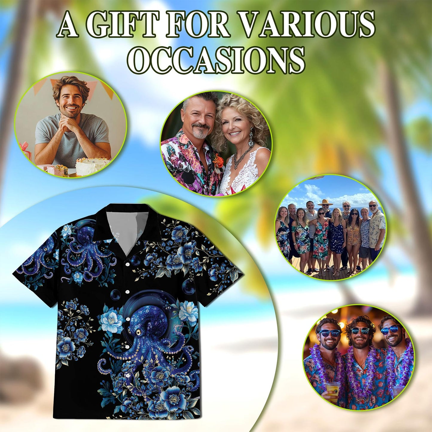 Netecom Octopus Flower Hawaiian Shirt for Men, Button Down Summer Beach Short Sleeve, Sizes S-5XL