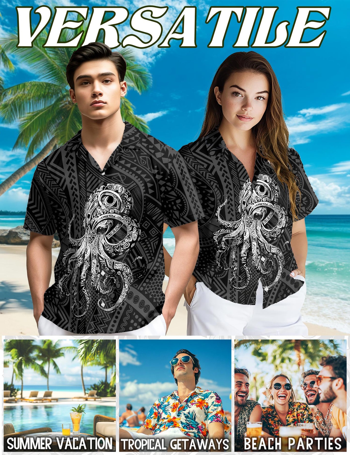 Netecom Octopus Hawaiian Shirt for Men, Oceanic Style, Button Down Summer Beach Short Sleeve, S-5XL