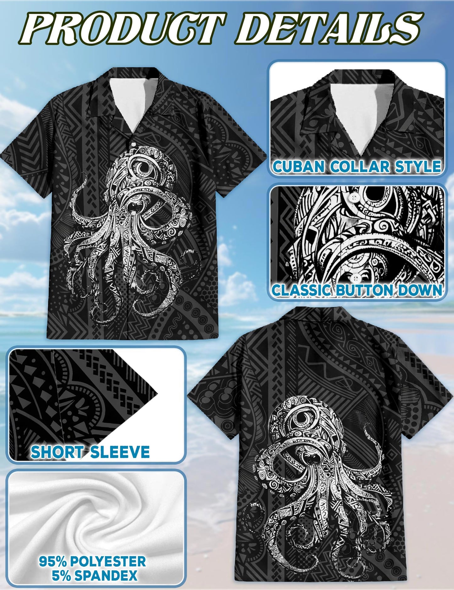 Netecom Octopus Hawaiian Shirt for Men, Oceanic Style, Button Down Summer Beach Short Sleeve, S-5XL