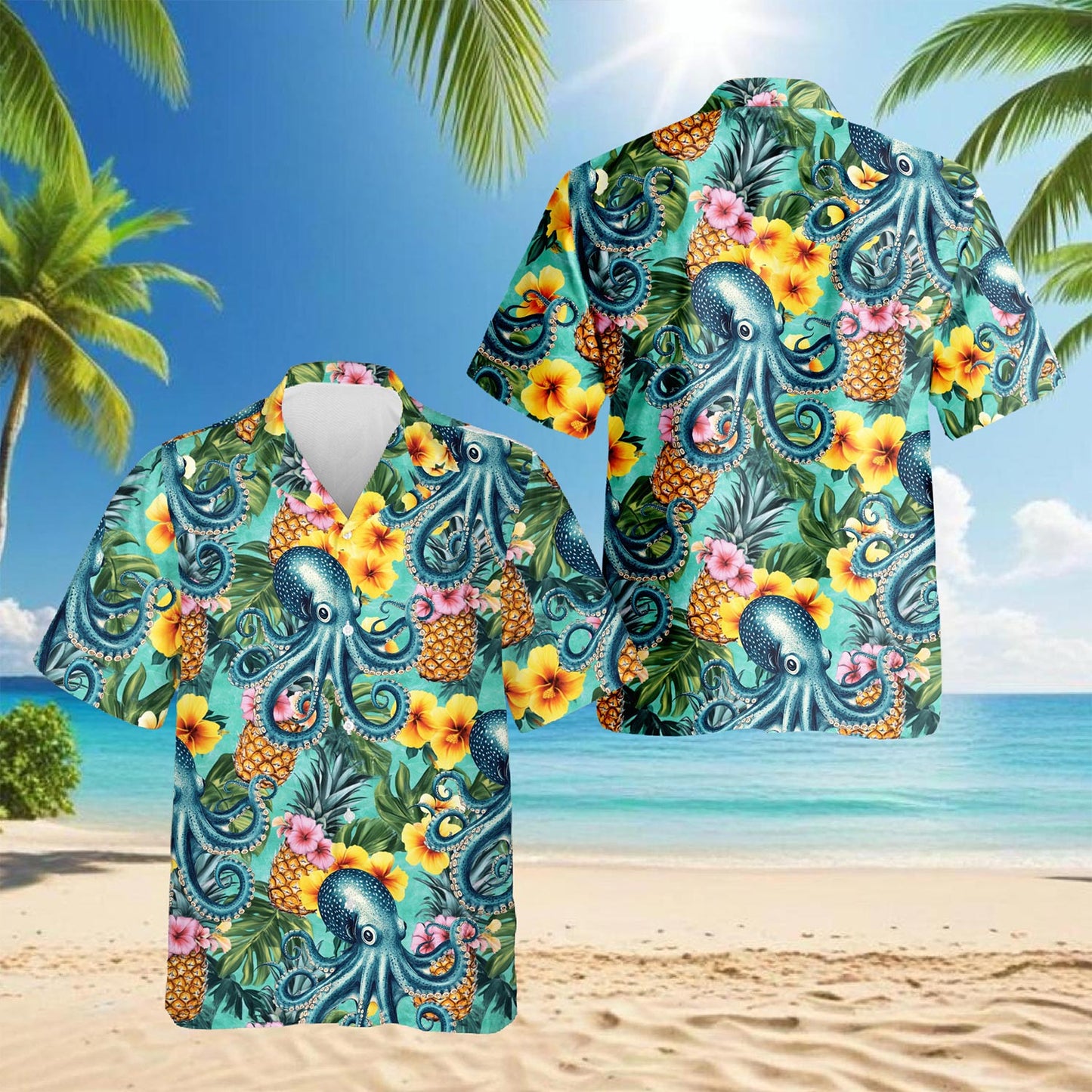 Netecom Octopus Summer Hawaiian Shirt for Men, Button Down Summer Beach Short Sleeve, Tropical Style, Sizes S-5XL