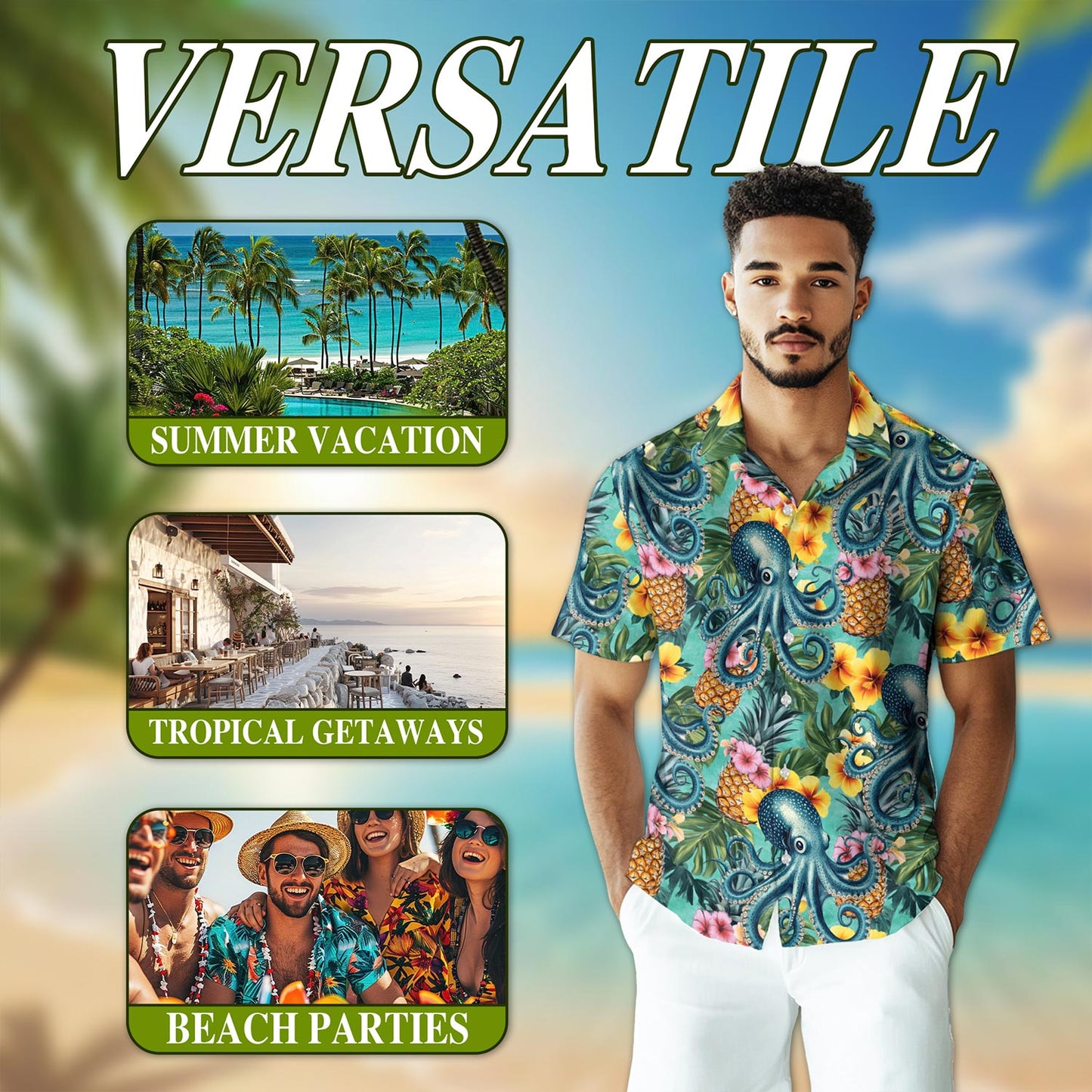 Netecom Octopus Summer Hawaiian Shirt for Men, Button Down Summer Beach Short Sleeve, Tropical Style, Sizes S-5XL