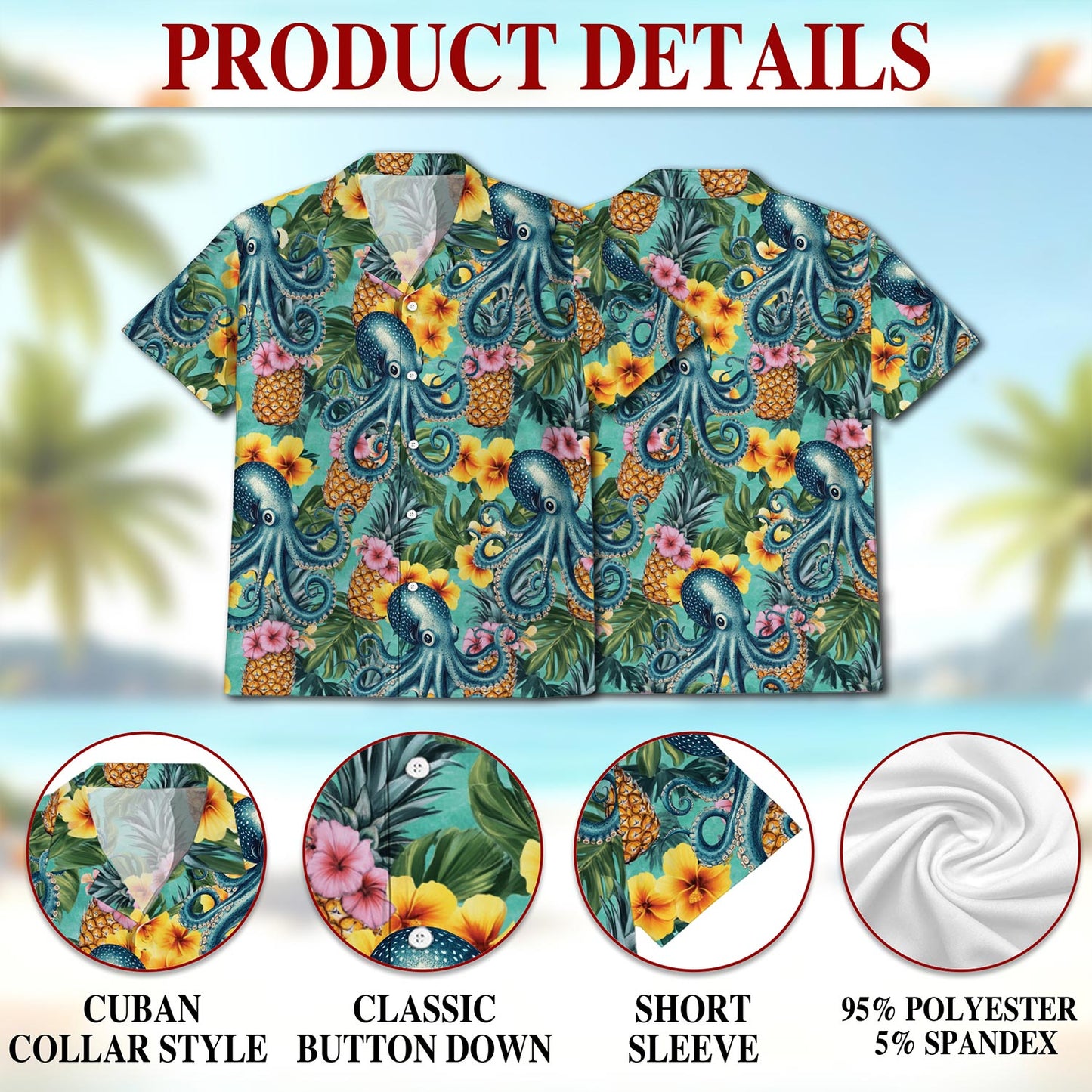 Netecom Octopus Summer Hawaiian Shirt for Men, Button Down Summer Beach Short Sleeve, Tropical Style, Sizes S-5XL