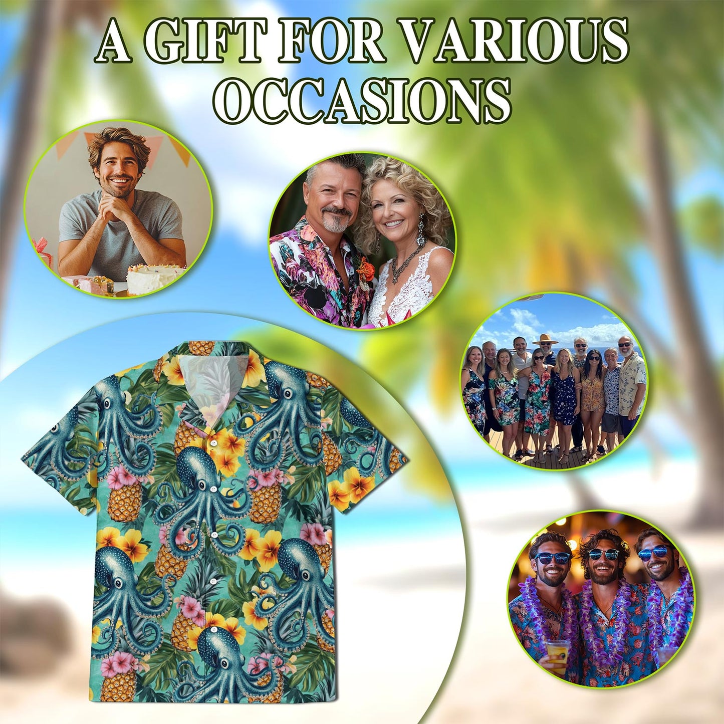 Netecom Octopus Summer Hawaiian Shirt for Men, Button Down Summer Beach Short Sleeve, Tropical Style, Sizes S-5XL