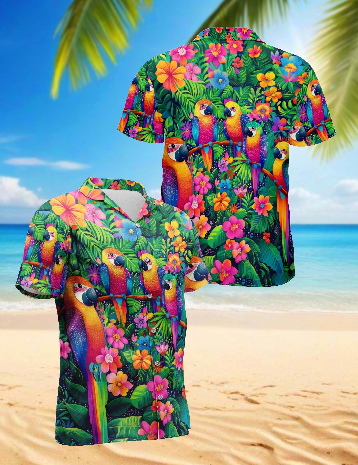 Netecom Parrot Hawaiian Shirt for Men, Tropical Style, Button Down Summer Beach Short Sleeve, S-5XL