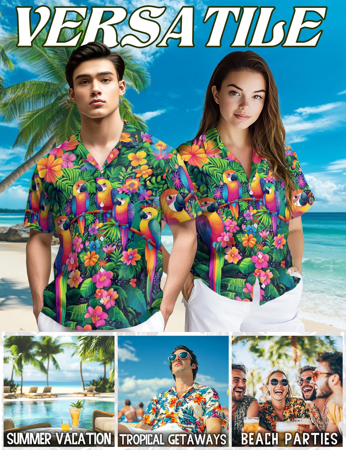 Netecom Parrot Hawaiian Shirt for Men, Tropical Style, Button Down Summer Beach Short Sleeve, S-5XL