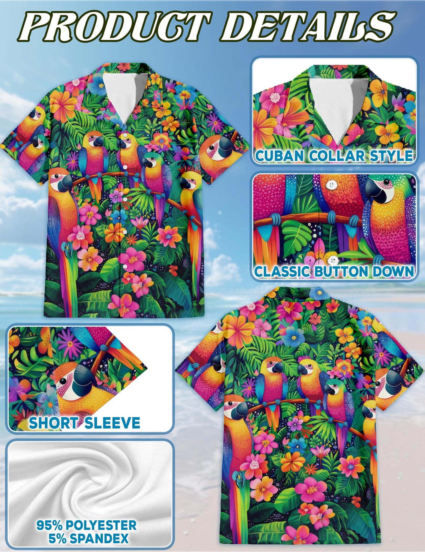 Netecom Parrot Hawaiian Shirt for Men, Tropical Style, Button Down Summer Beach Short Sleeve, S-5XL