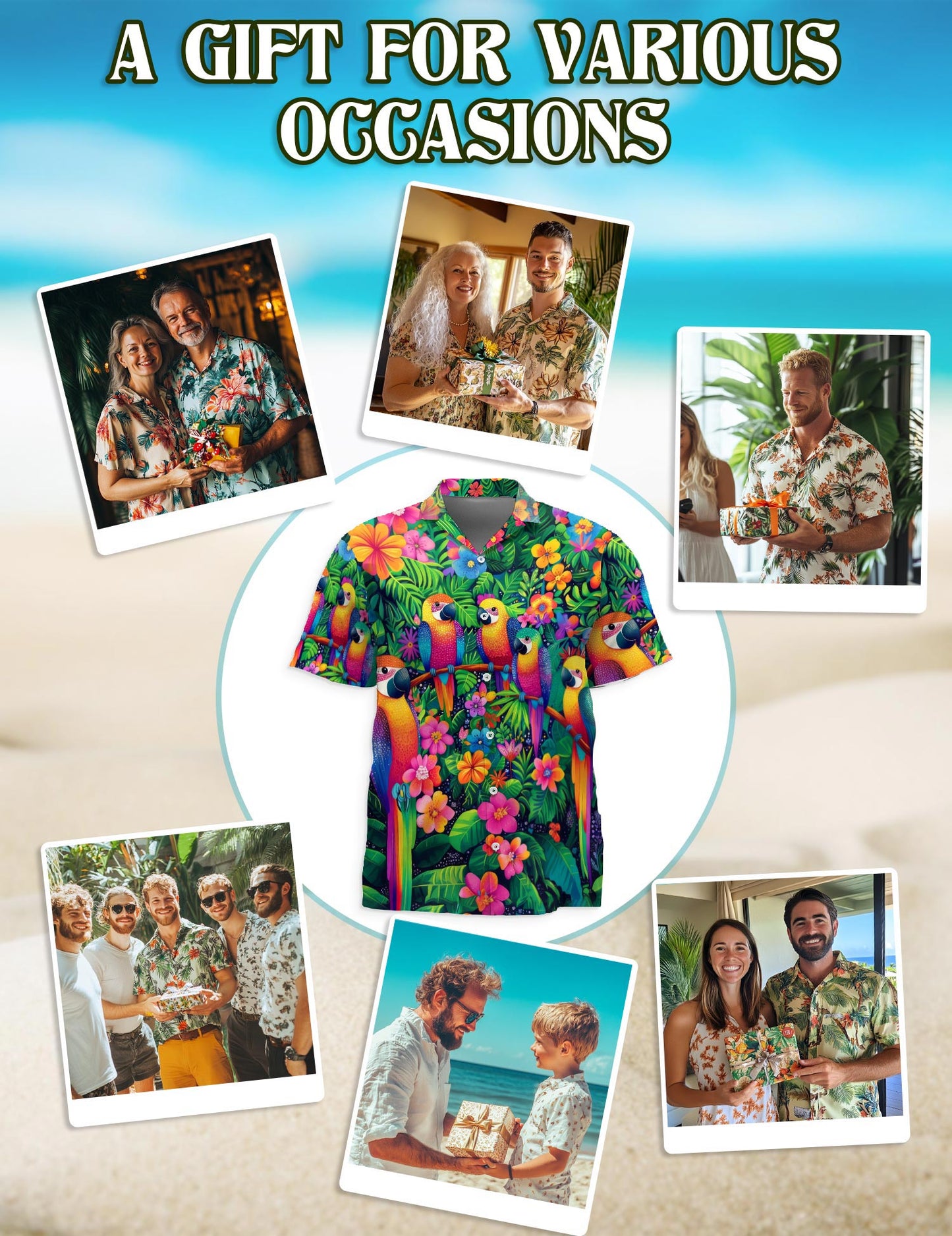 Netecom Parrot Hawaiian Shirt for Men, Tropical Style, Button Down Summer Beach Short Sleeve, S-5XL