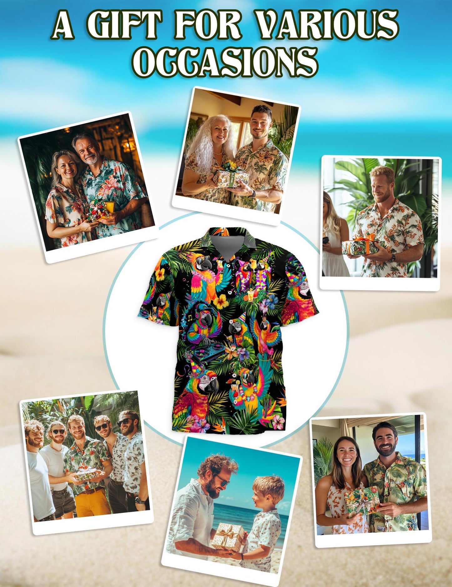 Netecom Party Parrots Hawaiian Shirt for Men, Tropical Style, Button Down Summer Beach Short Sleeve, S-5XL