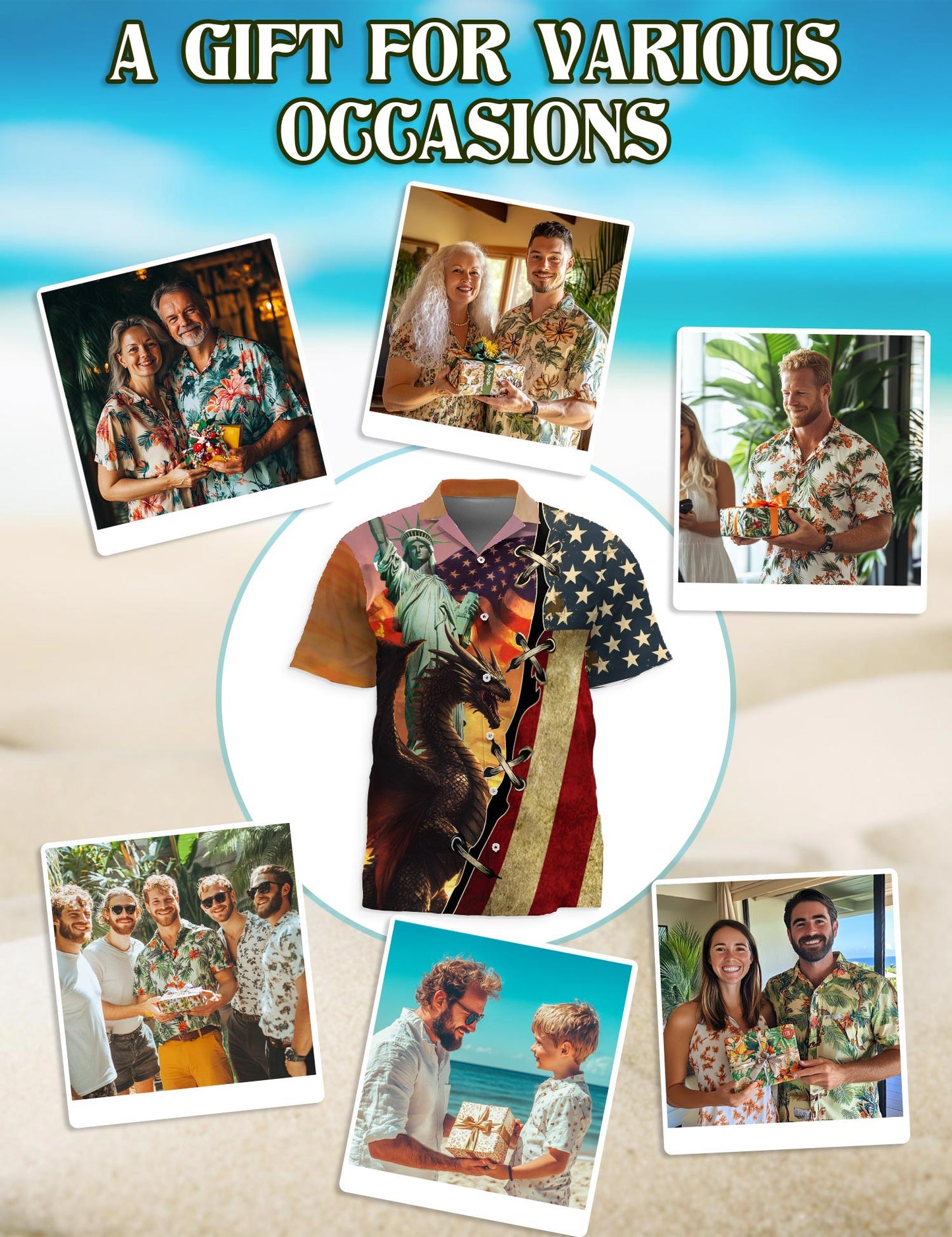 Netecom Patriotic Dragon US Flag Hawaiian Shirt for Men, Button Down Summer Beach Short Sleeve, Sizes S-5XL