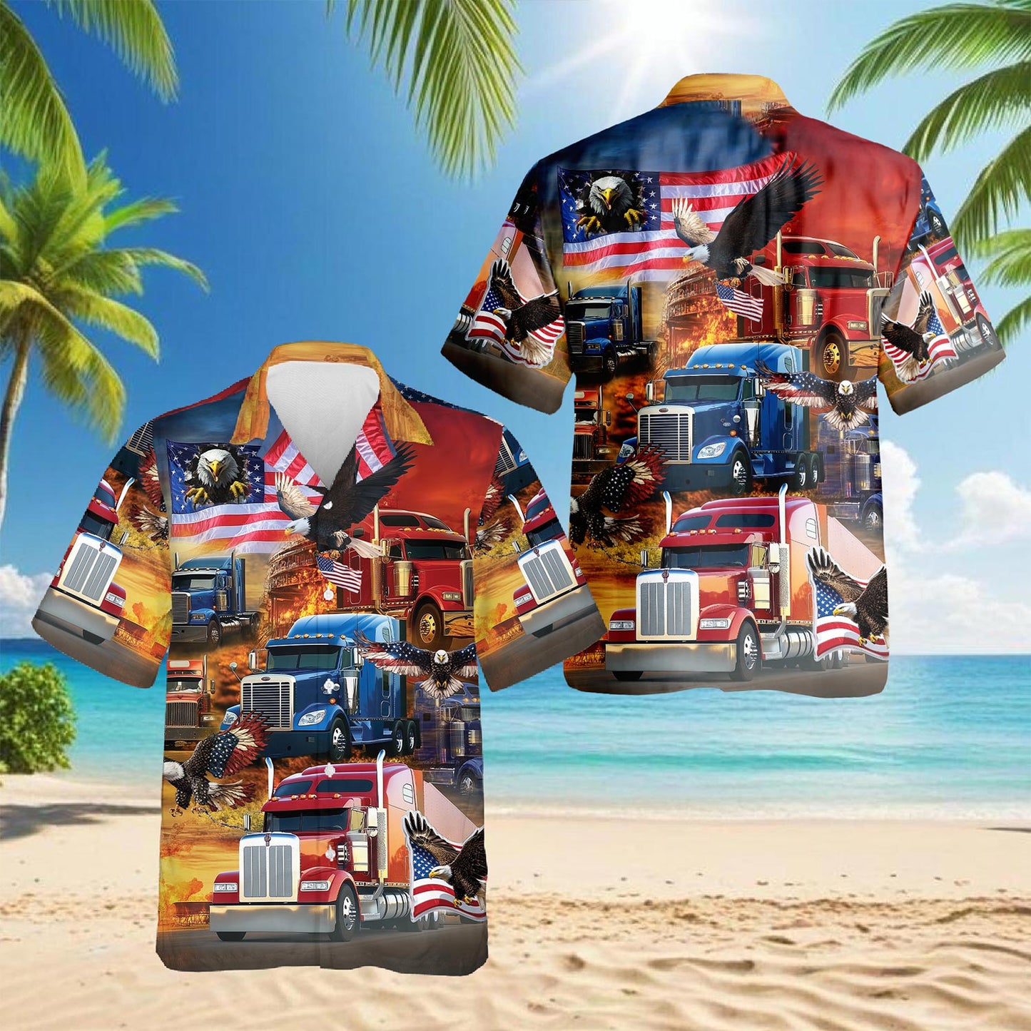Netecom Patriotic Truck Driver Hawaiian Shirt for Men, Button Down Summer Beach Short Sleeve, Sizes S-5XL