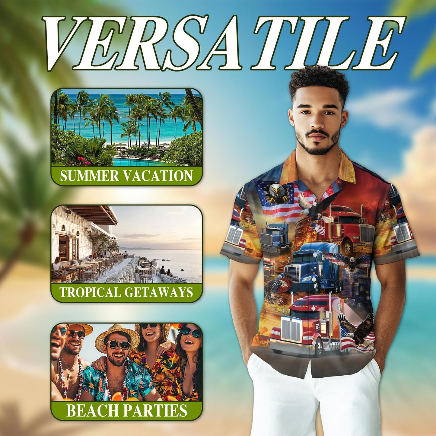 Netecom Patriotic Truck Driver Hawaiian Shirt for Men, Button Down Summer Beach Short Sleeve, Sizes S-5XL