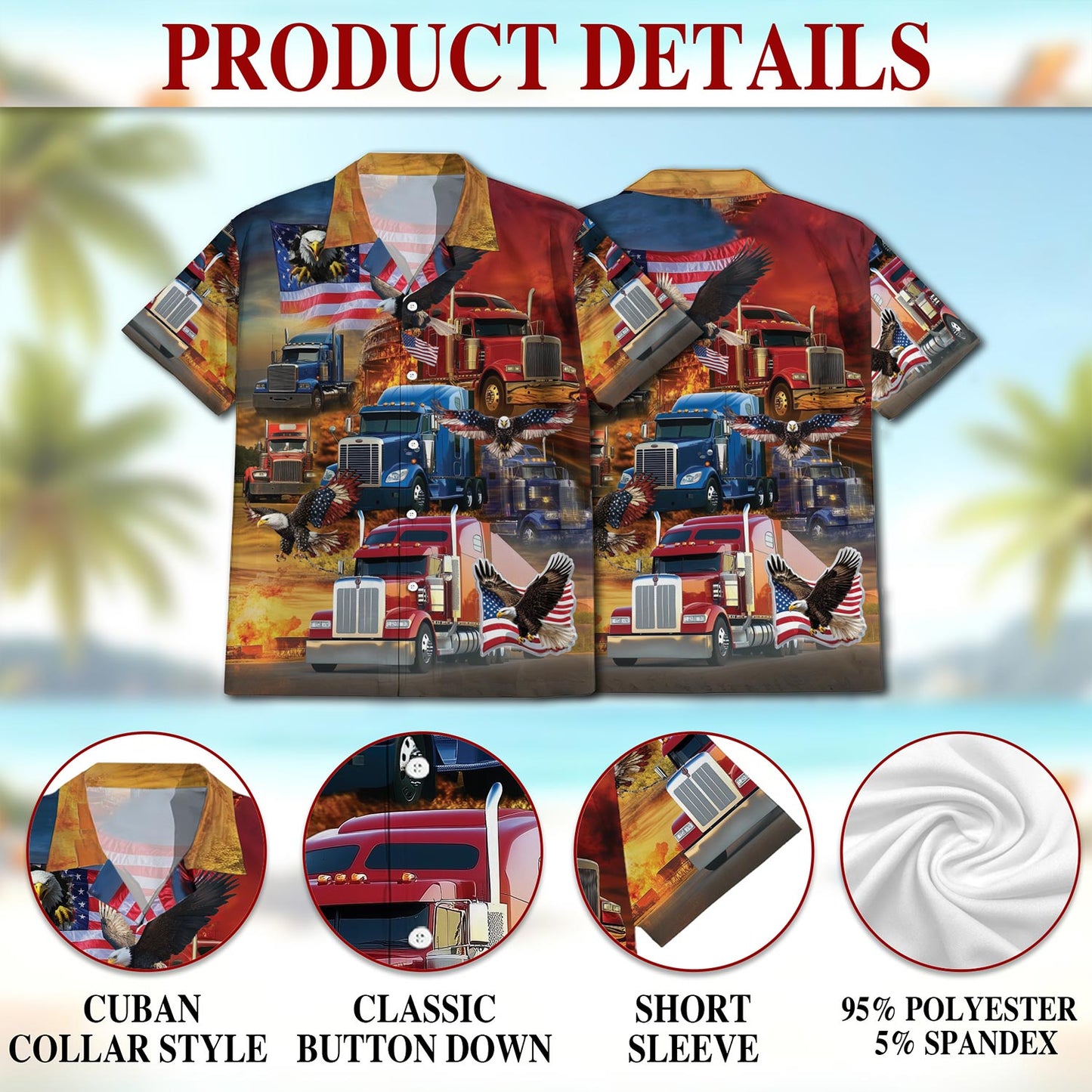 Netecom Patriotic Truck Driver Hawaiian Shirt for Men, Button Down Summer Beach Short Sleeve, Sizes S-5XL