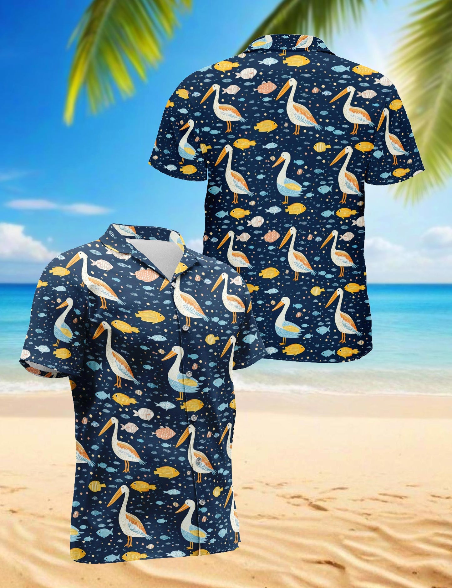 Netecom Pelican Fish Hawaiian Shirt for Men, Vintage Style, Button Down Summer Beach Short Sleeve, S-5XL
