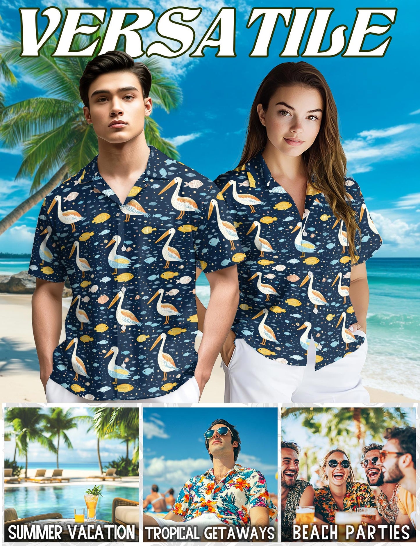 Netecom Pelican Fish Hawaiian Shirt for Men, Vintage Style, Button Down Summer Beach Short Sleeve, S-5XL