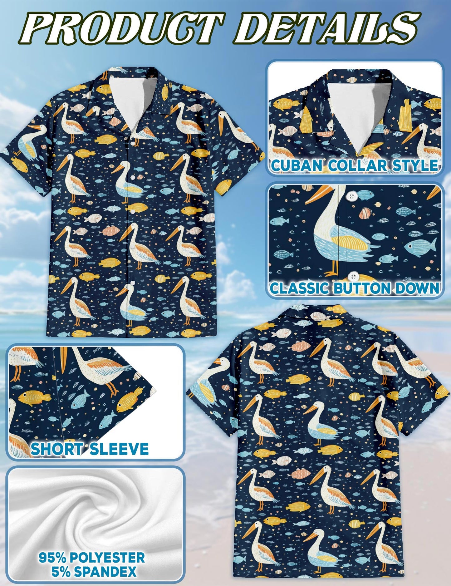 Netecom Pelican Fish Hawaiian Shirt for Men, Vintage Style, Button Down Summer Beach Short Sleeve, S-5XL