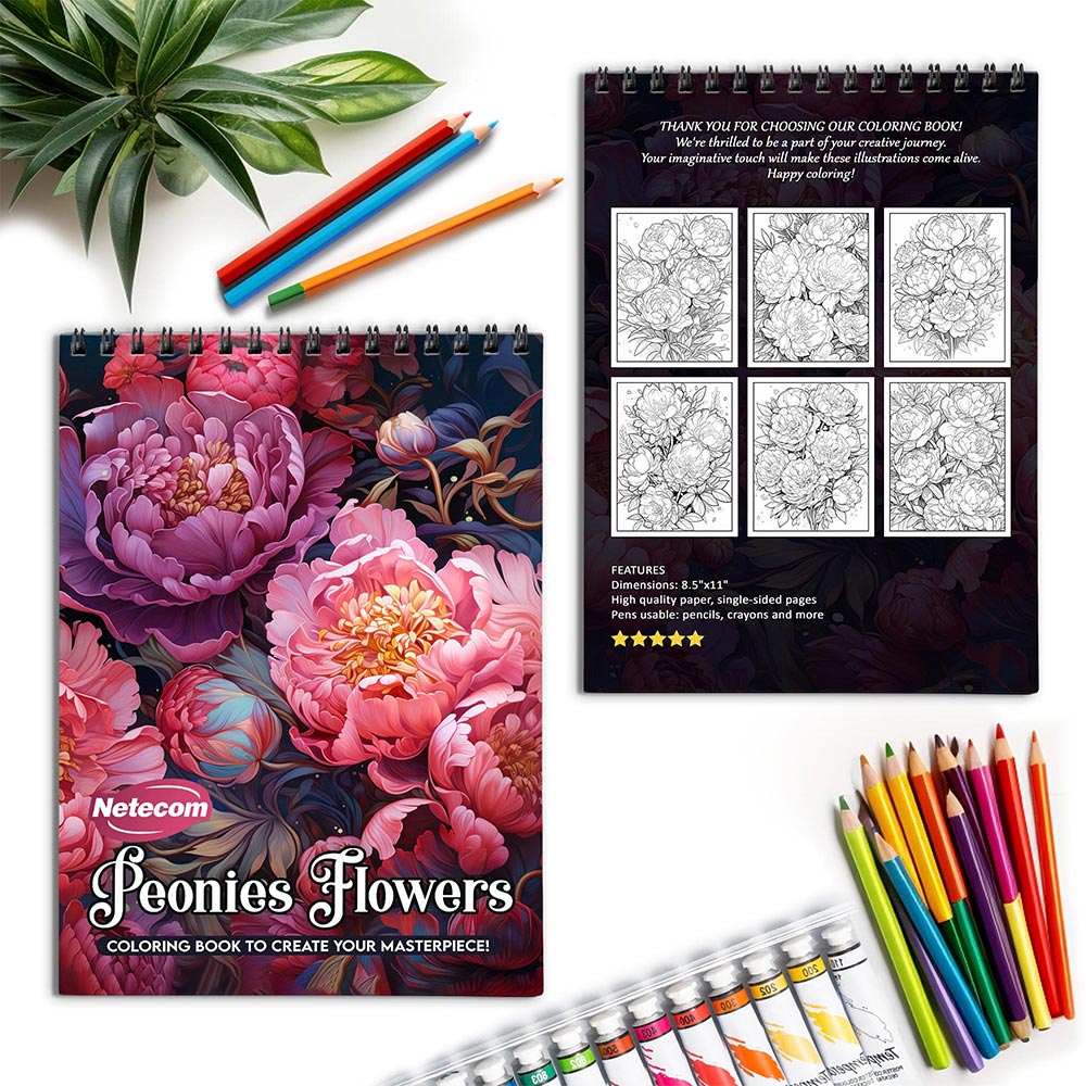 Netecom Peonies Flowers Spiral Coloring Book for Adults