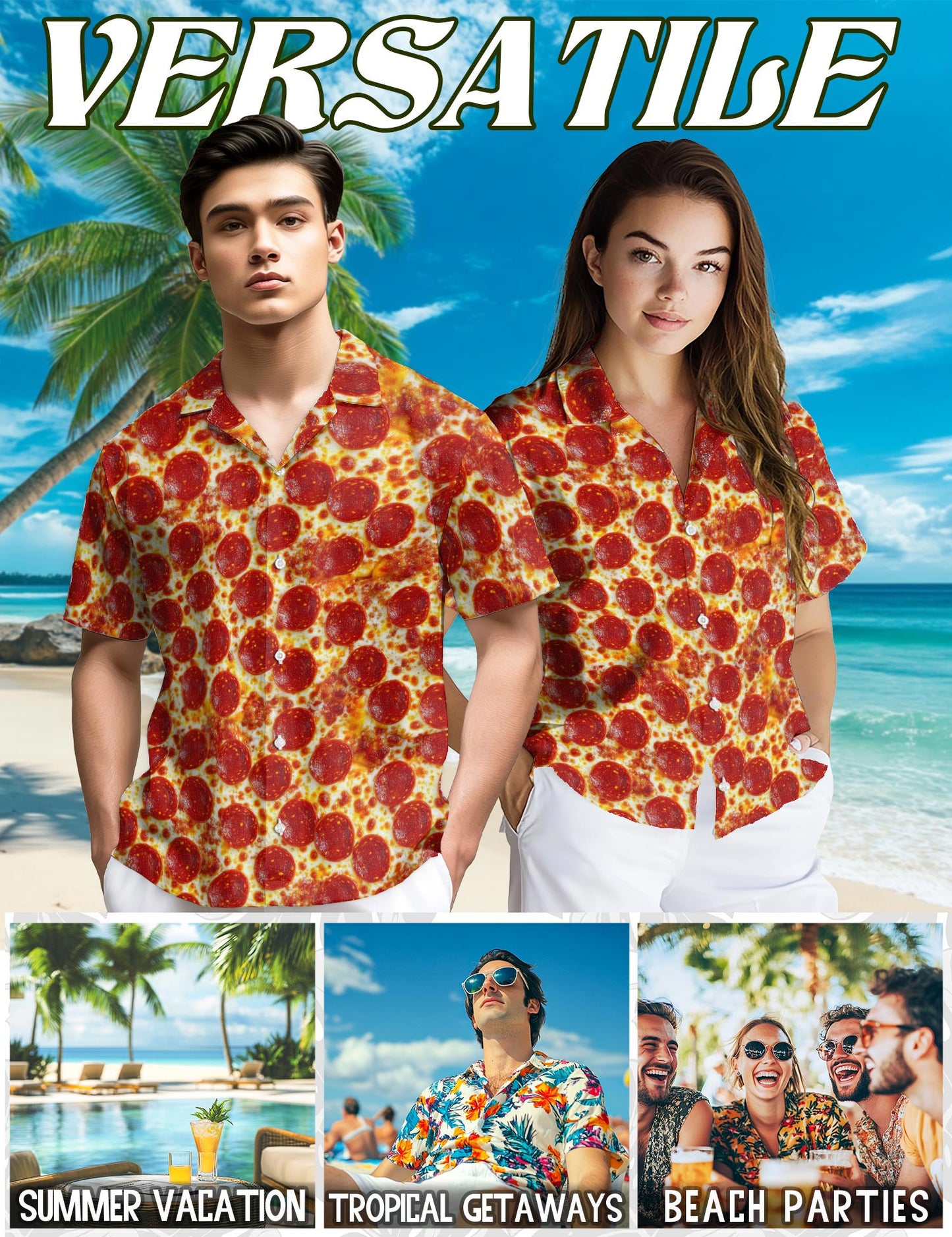 Netecom Pepperoni Pizza Hawaiian Shirt for Men, Food Lover Gifts, Tropical Summer Beach Button Down Short Sleeve Shirts, S-5XL
