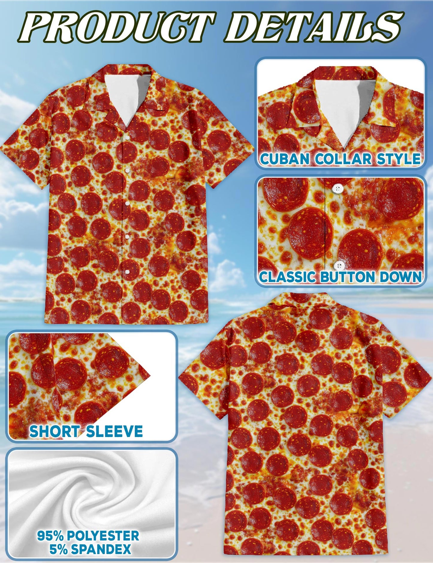 Netecom Pepperoni Pizza Hawaiian Shirt for Men, Food Lover Gifts, Tropical Summer Beach Button Down Short Sleeve Shirts, S-5XL