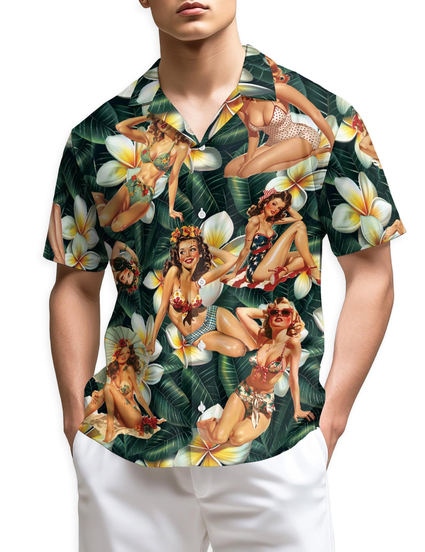 Netecom Pin Up Girl Dark Green Hawaiian Shirt for Men
