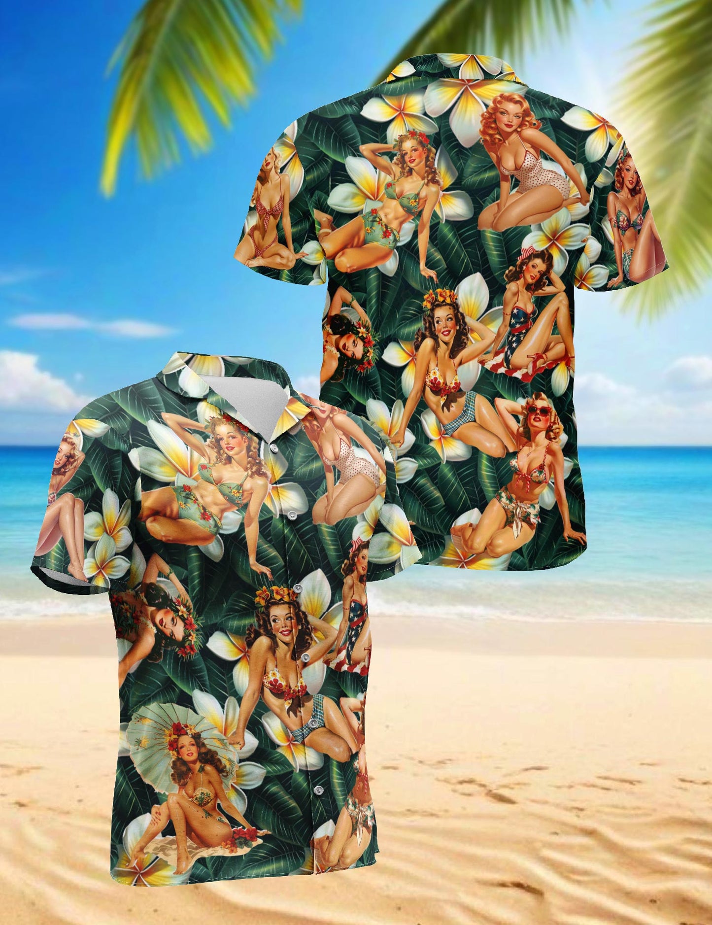 Netecom Pin Up Girl Dark Green Hawaiian Shirt for Men, Button Down Summer Beach Short Sleeve, Tropical Style, Sizes S-5XL