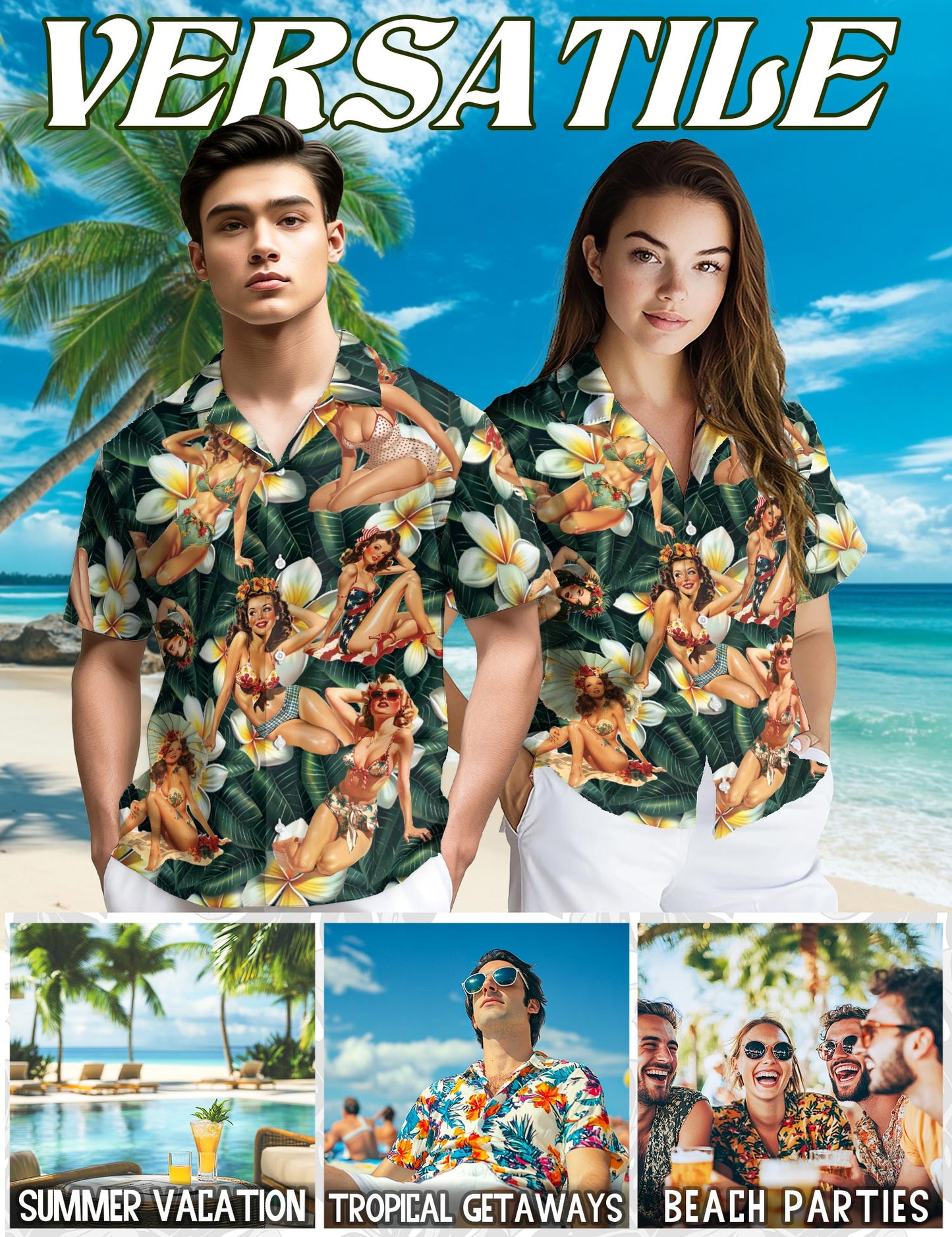 Netecom Pin Up Girl Dark Green Hawaiian Shirt for Men, Button Down Summer Beach Short Sleeve, Tropical Style, Sizes S-5XL