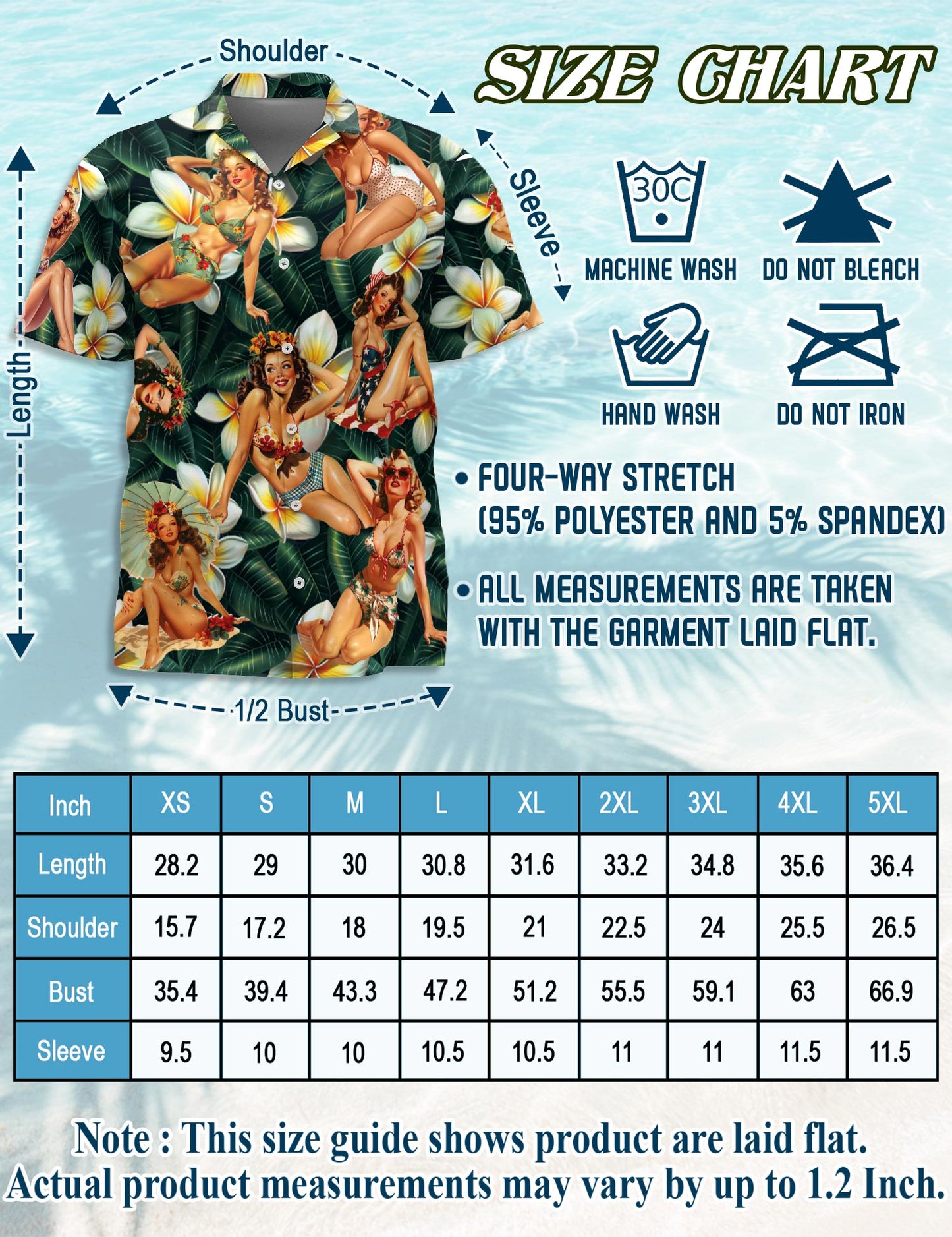 Netecom Pin Up Girl Dark Green Hawaiian Shirt for Men, Button Down Summer Beach Short Sleeve, Tropical Style, Sizes S-5XL