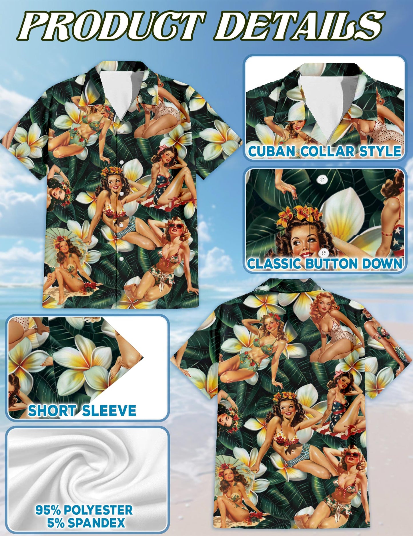 Netecom Pin Up Girl Dark Green Hawaiian Shirt for Men, Button Down Summer Beach Short Sleeve, Tropical Style, Sizes S-5XL
