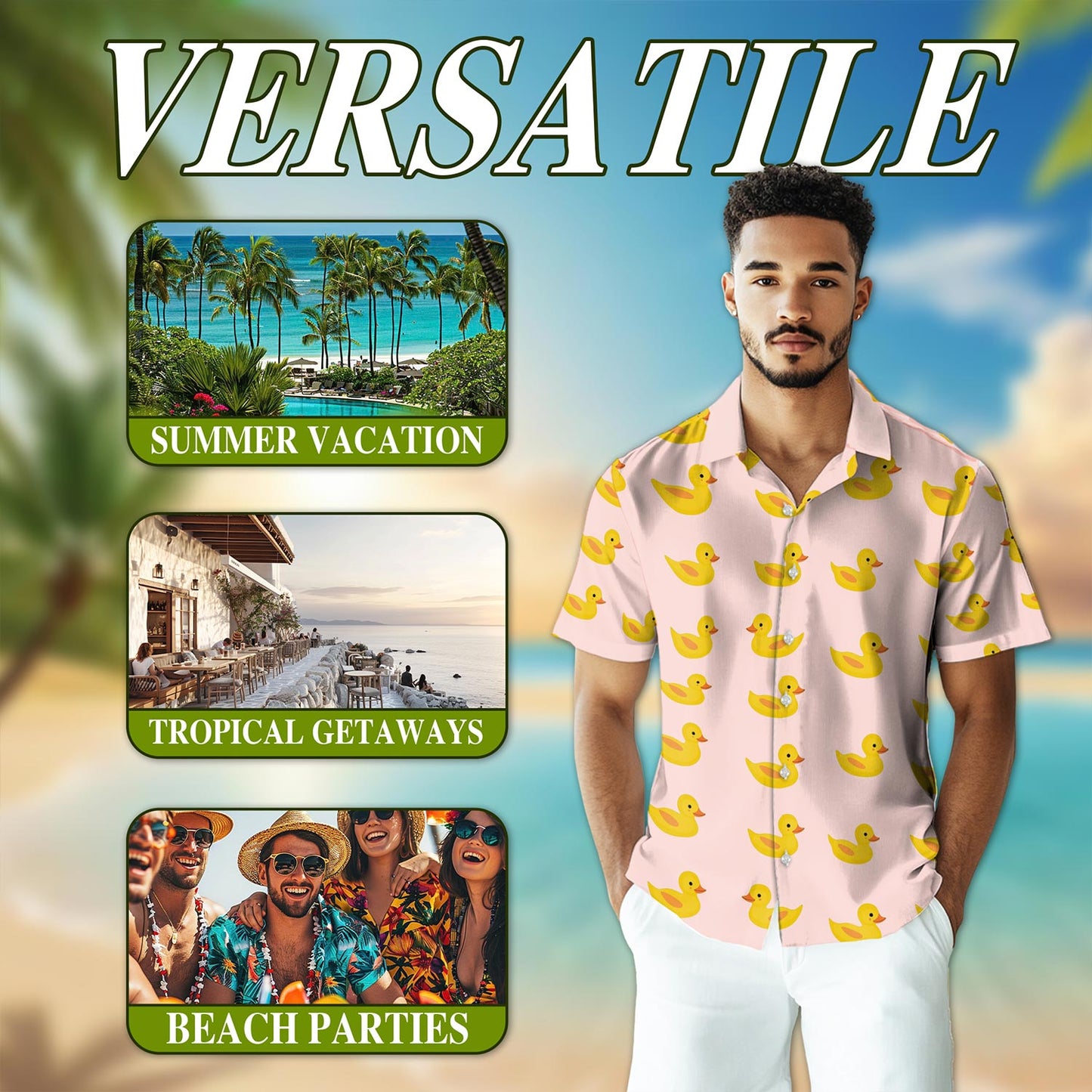 Netecom Pink Duck Hawaiian Shirt for Men, Vintage Style, Button Down Summer Beach Short Sleeve, S-5XL
