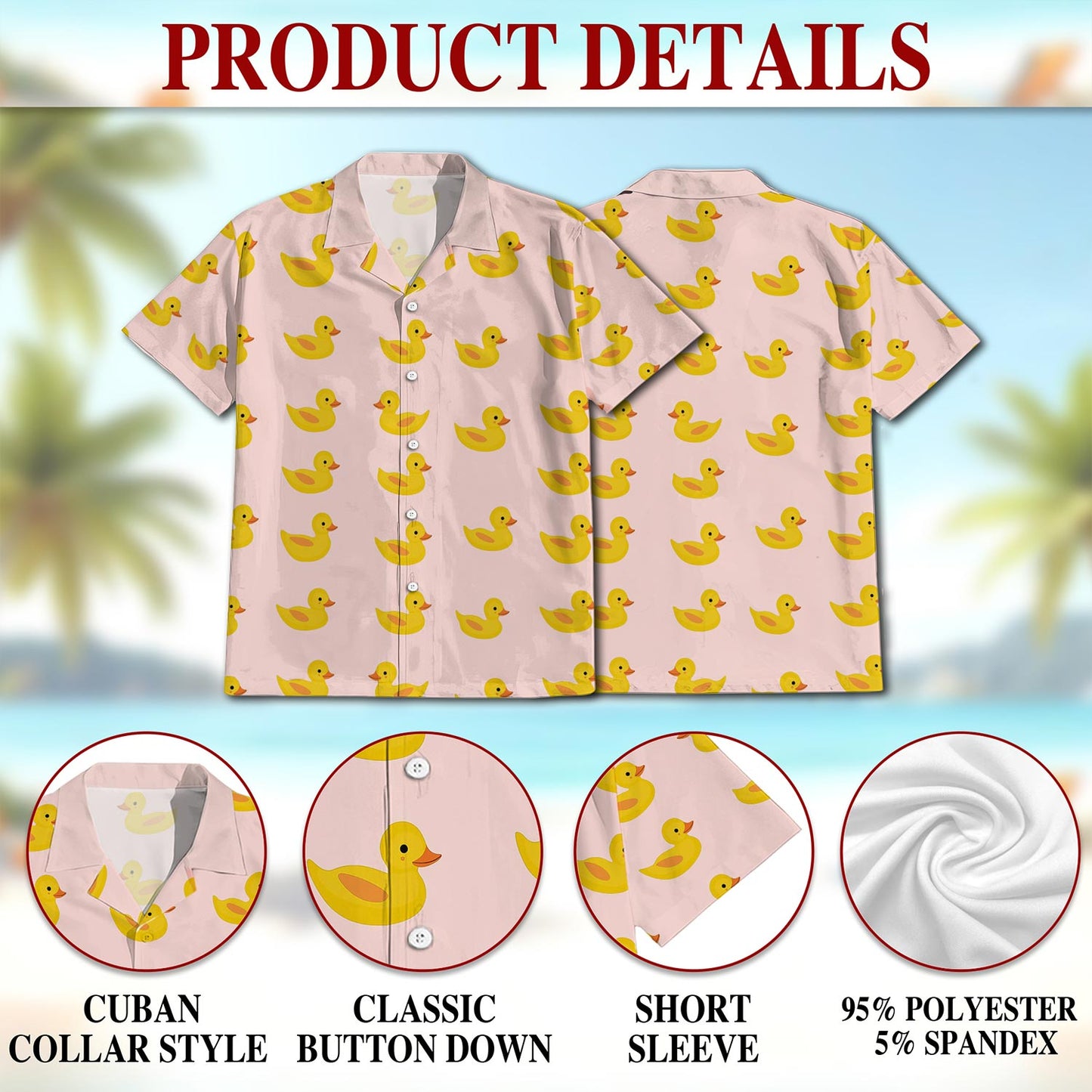 Netecom Pink Duck Hawaiian Shirt for Men, Vintage Style, Button Down Summer Beach Short Sleeve, S-5XL