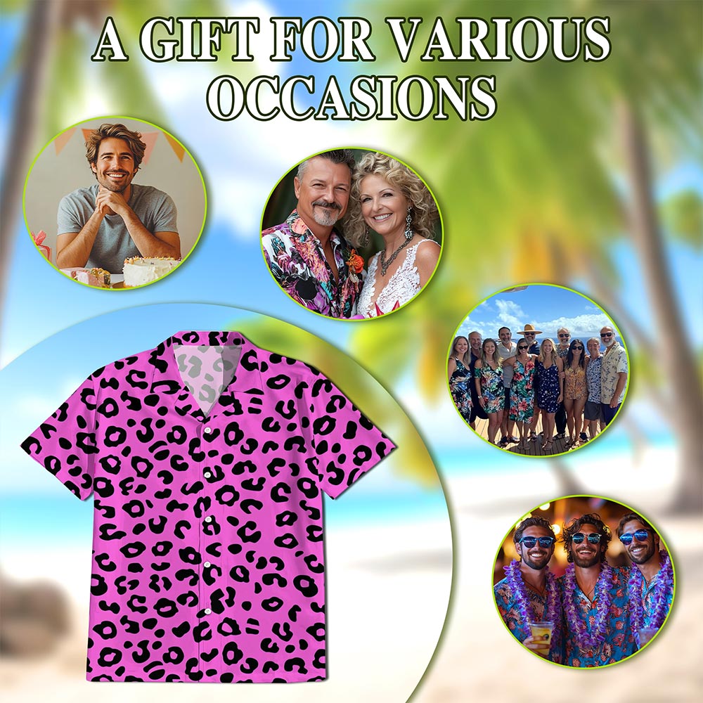 Netecom Pink Leopard Hawaiian Shirt for Men, Vintage Style, Button Down Summer Beach Short Sleeve, S-5XL