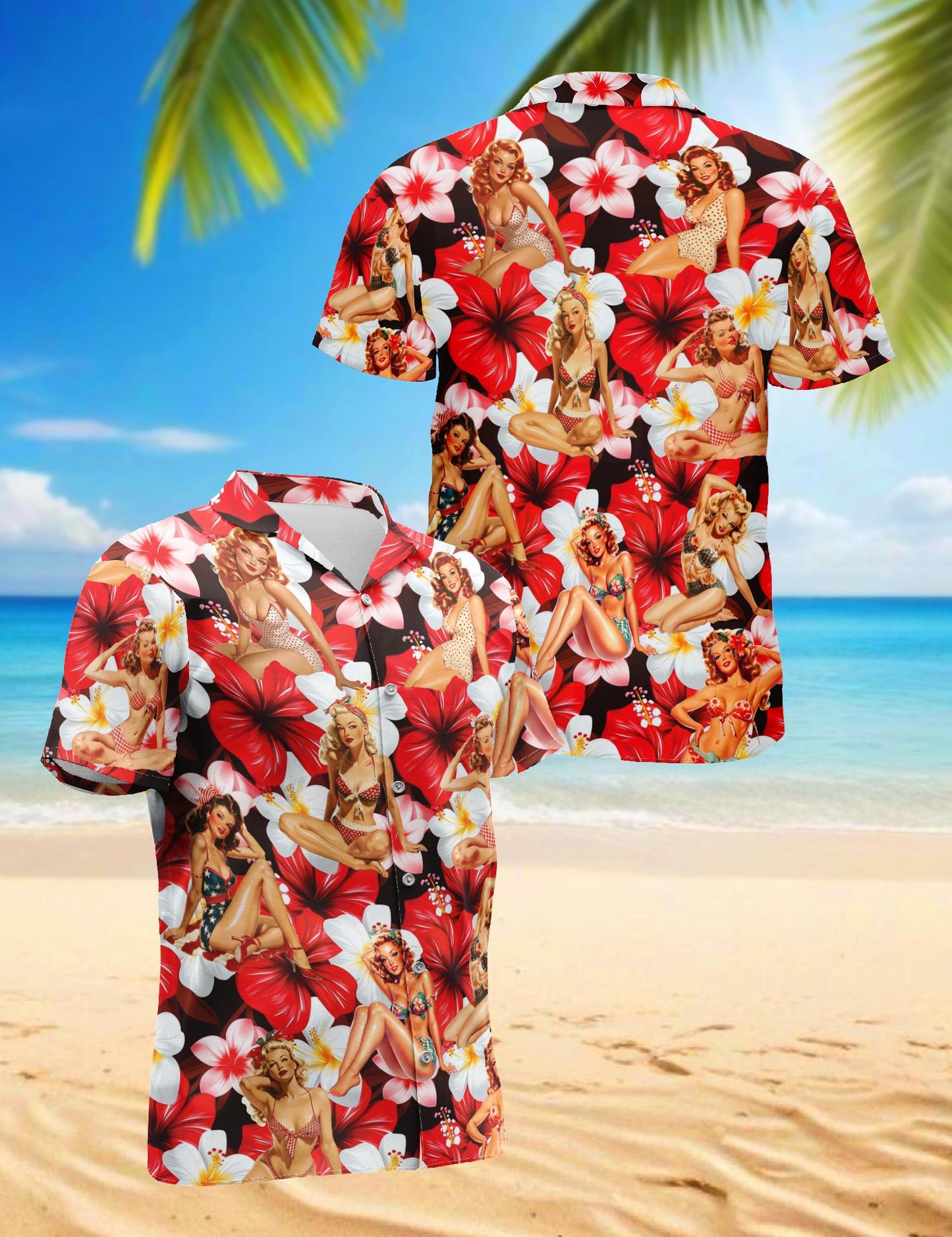 Netecom Pinup Girls Hawaiian Shirt for Men, Tropical Style, Button Down Summer Beach Short Sleeve, S-5XL