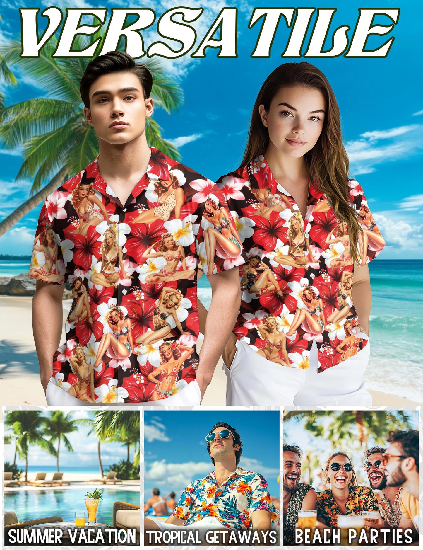 Netecom Pinup Girls Hawaiian Shirt for Men, Tropical Style, Button Down Summer Beach Short Sleeve, S-5XL