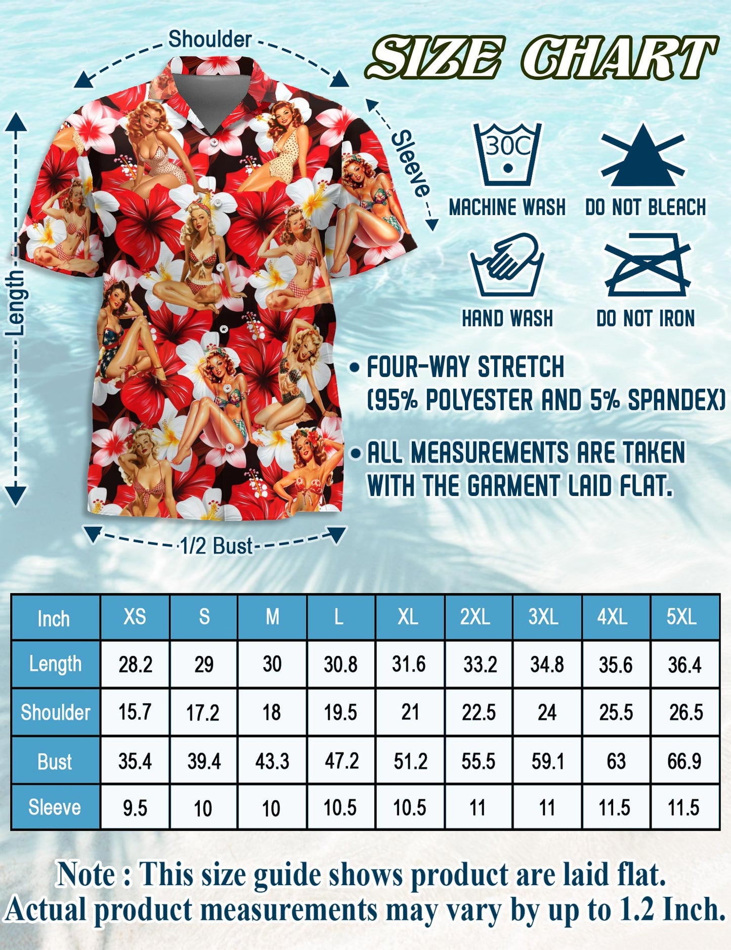 Netecom Pinup Girls Hawaiian Shirt for Men, Tropical Style, Button Down Summer Beach Short Sleeve, S-5XL