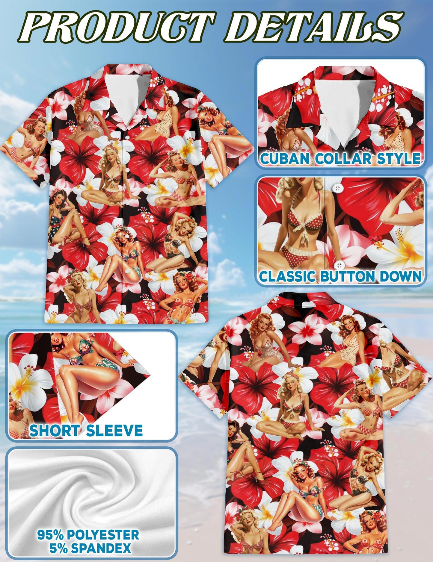 Netecom Pinup Girls Hawaiian Shirt for Men, Tropical Style, Button Down Summer Beach Short Sleeve, S-5XL