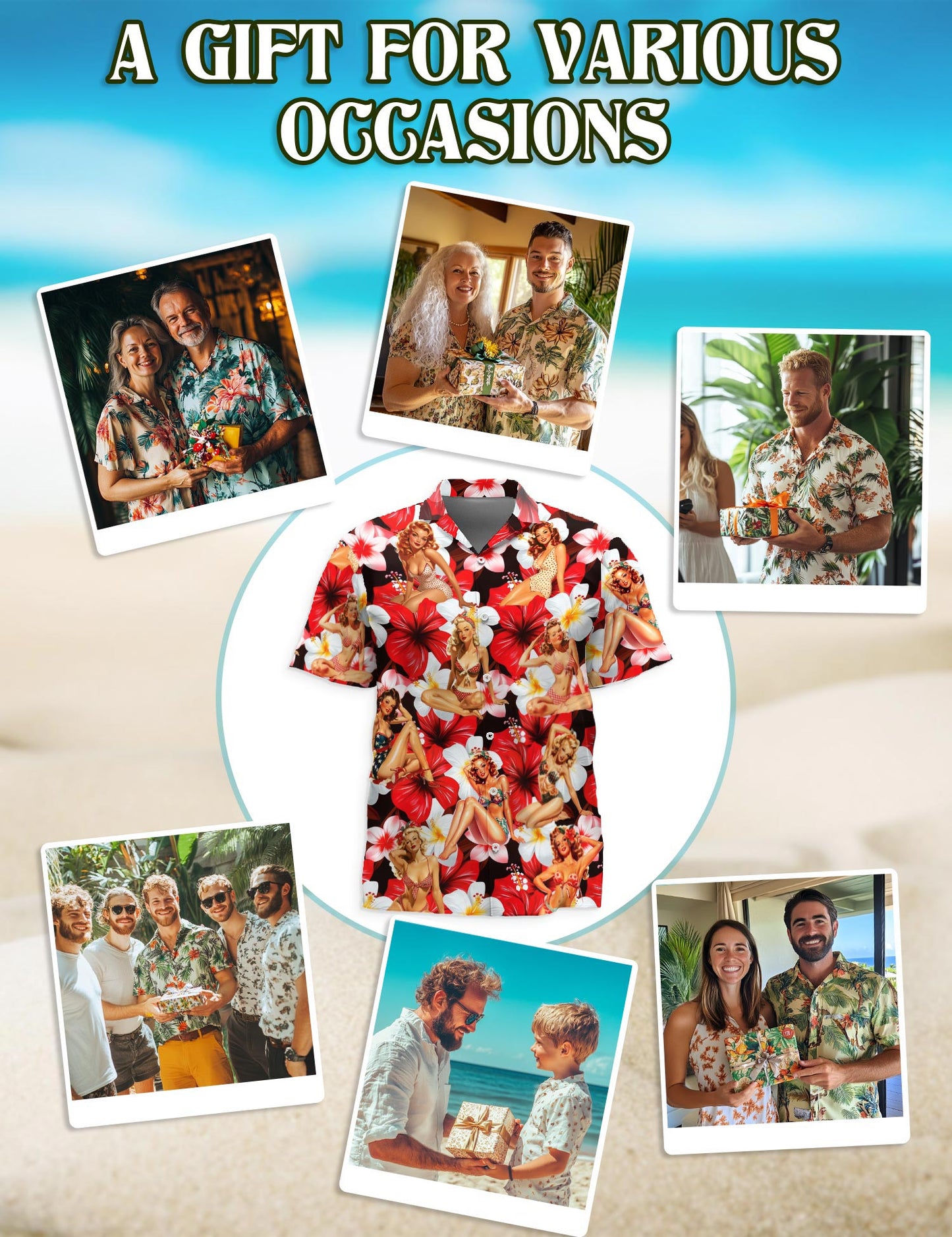 Netecom Pinup Girls Hawaiian Shirt for Men, Tropical Style, Button Down Summer Beach Short Sleeve, S-5XL