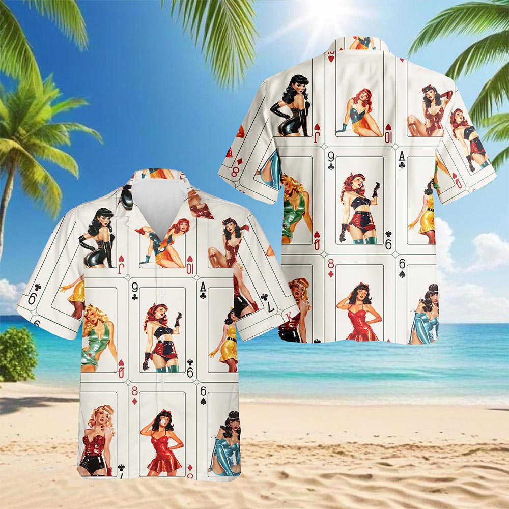 Netecom Pinup Girls Playing Card Hawaiian Shirt for Men Women, Retro Pretty Girls Button Down Summer Beach Shirts, S-5XL