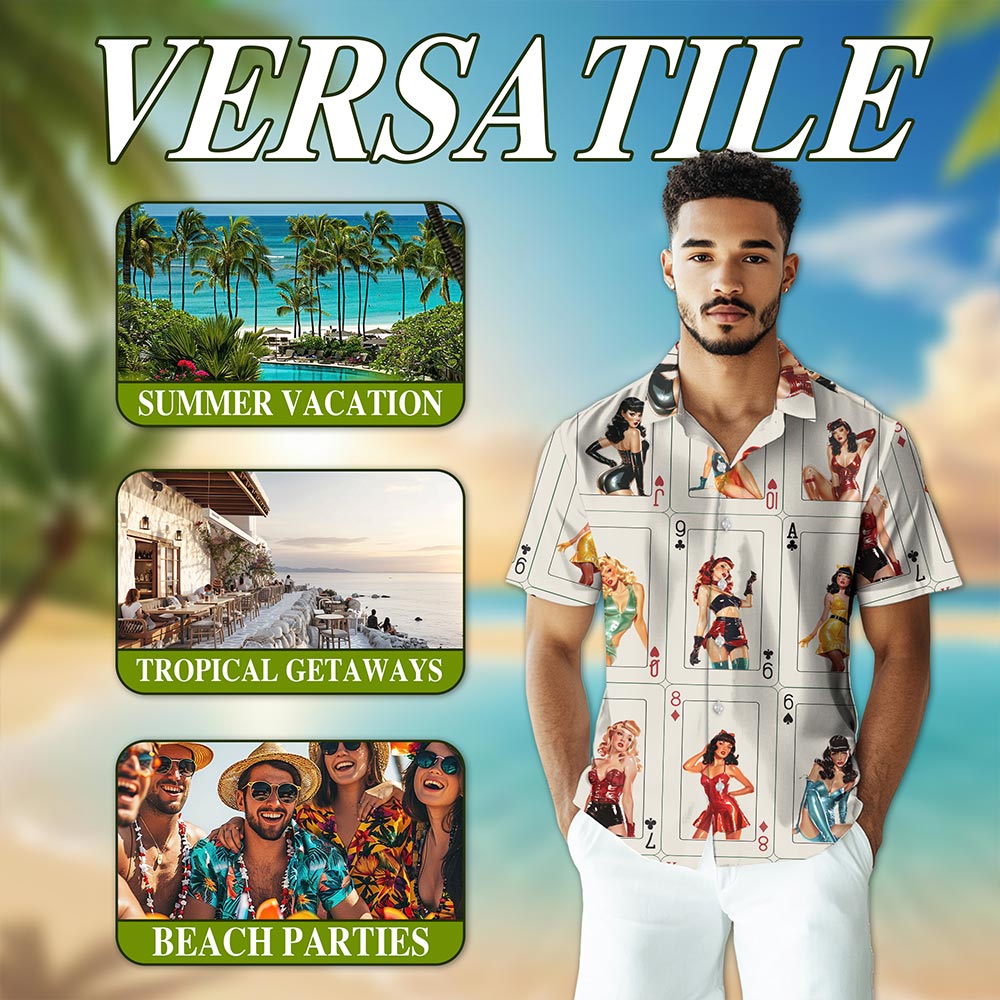 Netecom Pinup Girls Playing Card Hawaiian Shirt for Men Women, Retro Pretty Girls Button Down Summer Beach Shirts, S-5XL